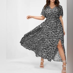 Flutter Sleeve Ditsy Floral Pocket Split Maxi Dress